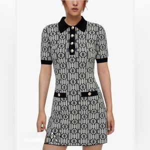Maje Black & White Geometric Knit Polo Dress